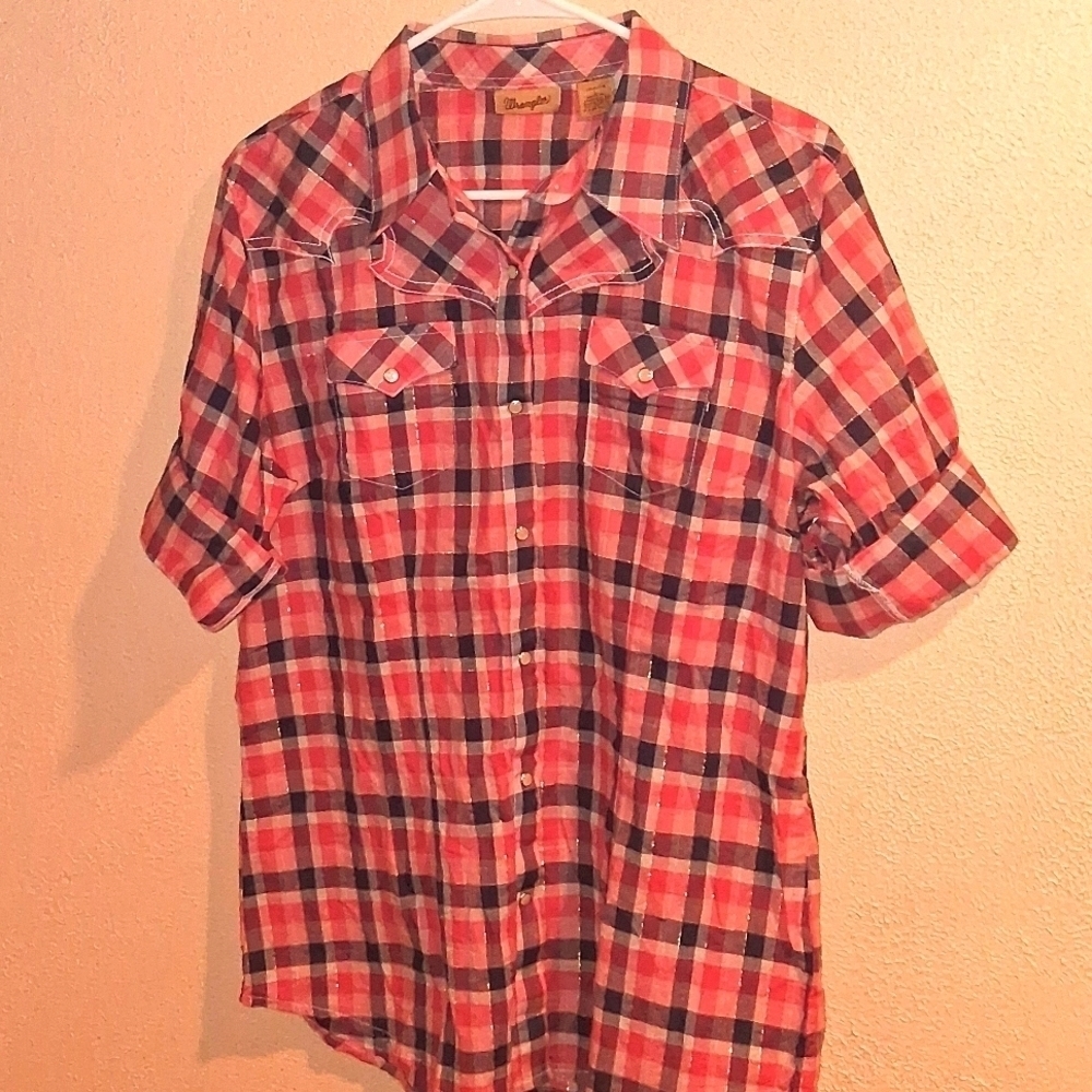 Wrangler Pink Navy Gold Accent Plaid Pearl Snap Western Cowgirl 3/4 or Short Sle